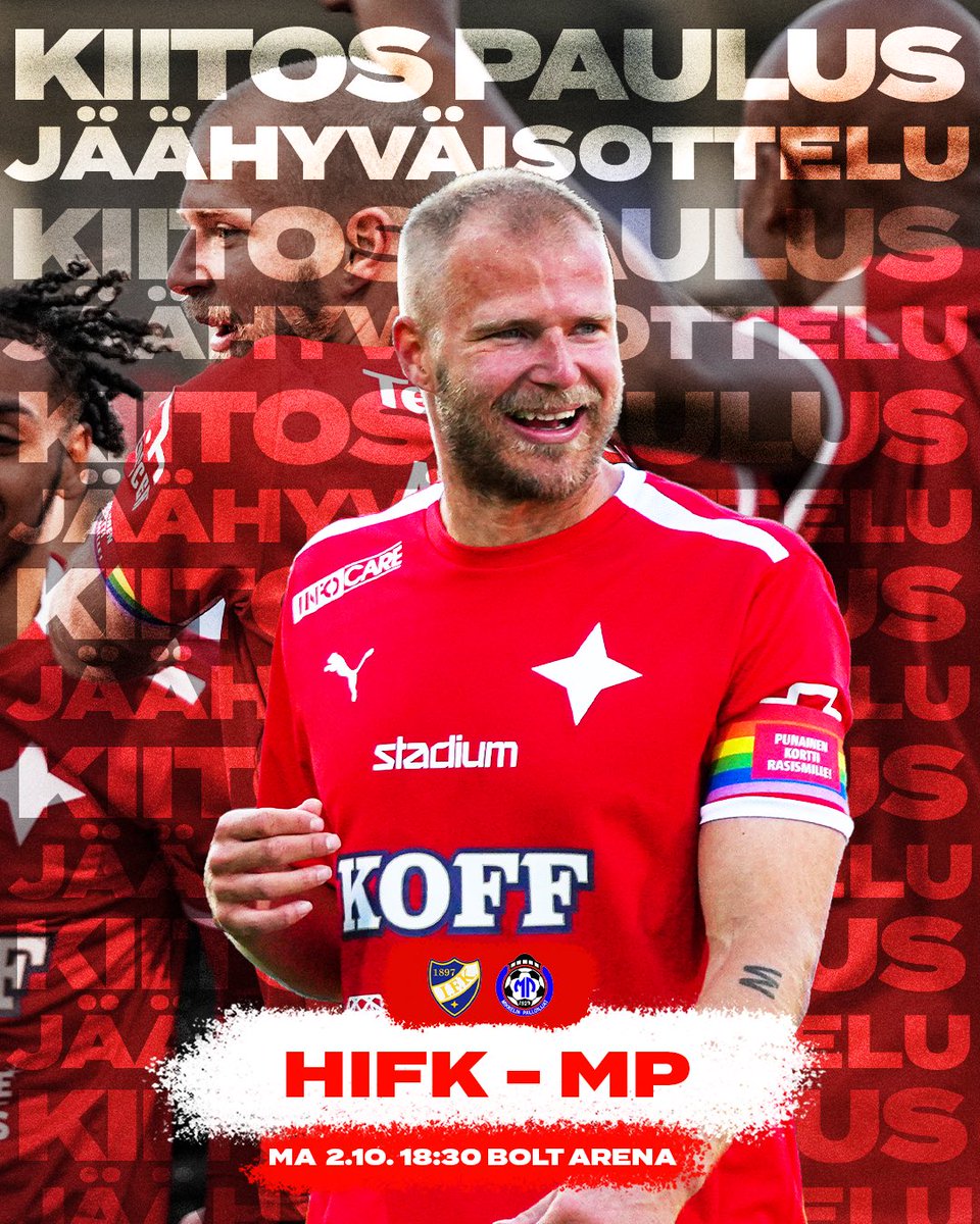 hifkfotboll1897's tweet photo. Paulus Arajuuri nähdään maanantaina viimeistä kertaa ammattilaisurallaan kotikentällä. Tule Paukun jäähyväisotteluun juhlistamaan legendaa ja kiittämään upeasta urasta! ❤️🤍

𝗛𝗜𝗙𝗞 - 𝗠𝗣 | 𝗠𝗔 𝟮.𝟭𝟬. 𝟭𝟴:𝟯𝟬 | 𝗕𝗢𝗟𝗧 𝗔𝗥𝗘𝗡𝗔 | 𝗟𝗜𝗣𝗨𝗧: 𝗧𝗜𝗖𝗞𝗘𝗧𝗠𝗔𝗦𝗧𝗘𝗥 https://t.co/VL5SQ6KNd1