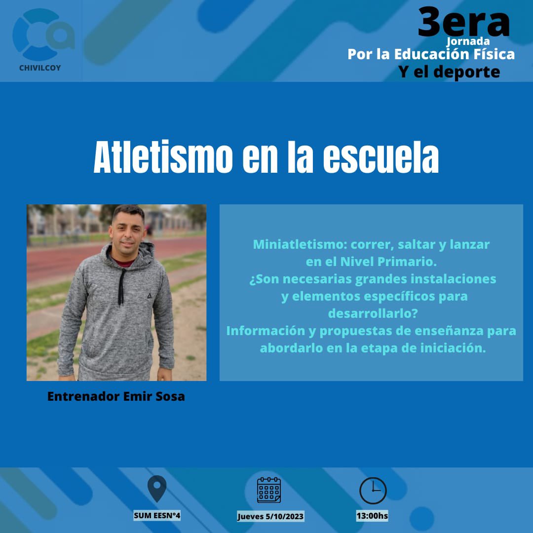 CAdeChivilcoy's tweet photo. 3° Jornada por la Educación Física y el Deporte "Resignificar nuestras prácticas docentes" 💙

¿Son necesarias grandes instalaciones y elementos específicos para desarrollar el atletismo en la escuela? https://t.co/z4yy70BTjb