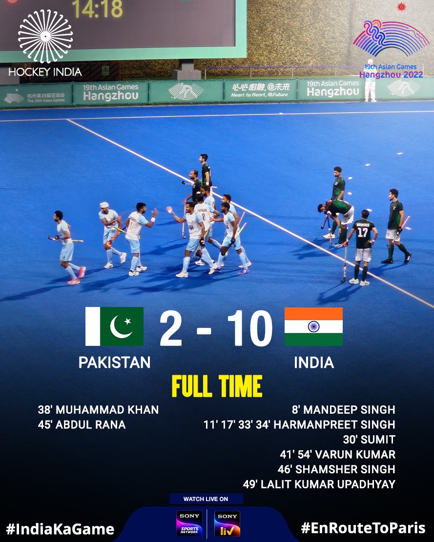 TheHockeyIndia's tweet photo. Almost unscathed, a Historic win for #TeamIndia 🇮🇳 over Pakistan 🇵🇰 as we put 10 past them for the first time EVER!

You wouldn't script it any other way!

Catch the Women's team in action tomorrow:
📆 1st Oct 1:30 PM IST 🇮🇳 IND vs KOR 🇰🇷 
📍Hangzhou, China.
📺 Streaming on Sony LIV and Sony Sports Network.

#HockeyIndia #IndiaKaGame #AsianGames #TeamIndia #HangzhouAsianGames #EnRouteToParis #IndianTeam #SunehraSafar
