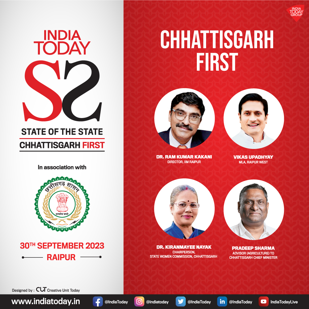 IndiaToday's tweet image. IMPACT FEATURE | India Today State of State Chhattisgarh First Conclave brings the finest minds to discuss the state's legacy and map its future.  

Watch the event live, today on indiatoday.in and social media platforms

#Promo #StateOfState #ChhattisgarhFirst