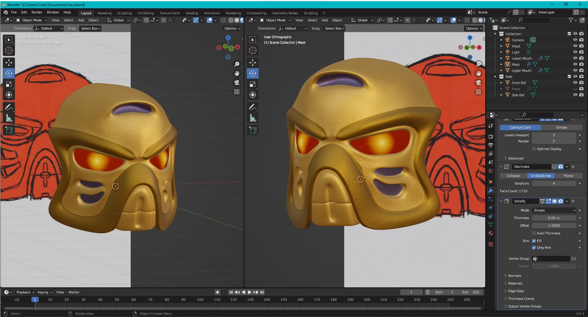 Itsachowthing's tweet photo. Wanted to redsign a #Bionicle mask in the style of the original 3 miramax films. I present a golden Kanohi Hau (Mask of Shielding). 

#blender #blender3D #lego https://t.co/jBqc5Fzefd