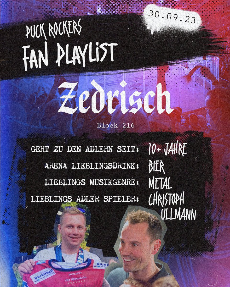 PuckRockers's tweet photo. Heute zeigt euch Zedrisch, selbsternannter „Block 216 Assi“, mit welchen Songs er sich für das Spiel pusht 😜 Viel Spaß beim hören…
#puckrockers

#adlermannheim #sogehtmannheim #fürmannheim #merc #adler #mannheim
#pennydel #hockey #icehockey #eishockey #adlersocialwall #KECvsMAN https://t.co/N0ek0fkr2H