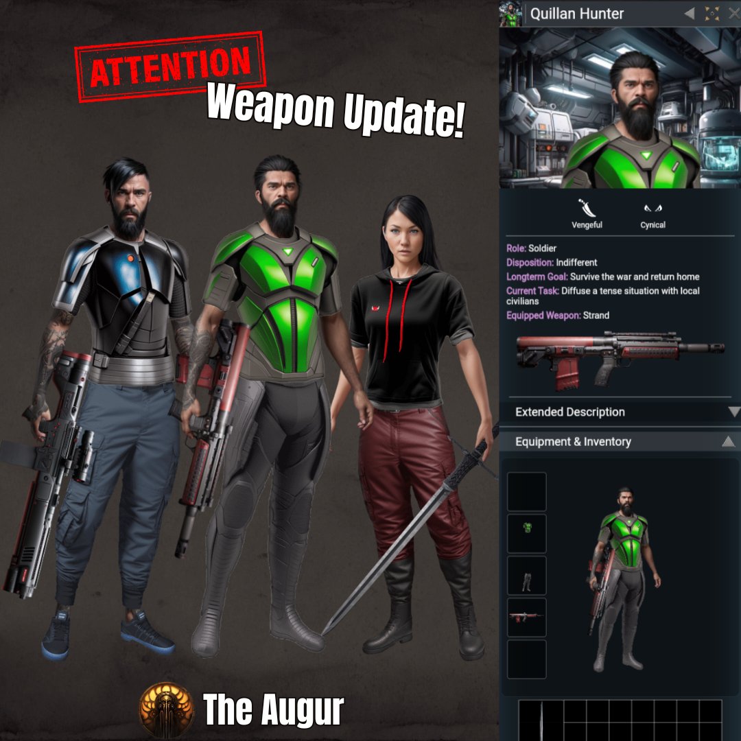 The weapon update is out! Your characters and NPCs can be equipped with a variety of weapons, from rifles to swords and spears. Every NPC you generate will now come armed with a weapon fitting for its role or profession, adding an extra layer of realism and depth to your gameplay