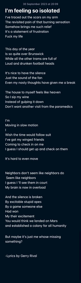 gerry_rival's tweet photo. In a deep #bipolar2 #depression hole.
Wrote this

#bipolar #bipolartype2 #bipolardepression
#depression #bipolarclub #mentalhealth #MentalHealthAwareness #mentalillness #MentalHealthMatters #lyrics #poetry #Verse #VerseOfTheDay https://t.co/iPiRI6kWvV