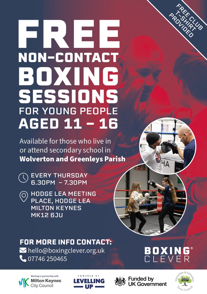 📣 New FREE Non-Contact boxing sessions starting in multiple areas in MK: 

📍Bradville
📍Coffee Hall
📍Hodge Lea 
📍Fullers Slade 

🥊 More launching soon! If you’d like us in your area, contact us today! 

#DoorstepSport #BoxingClever #MKCC #MiltonKeynes #YouthEmpowerment