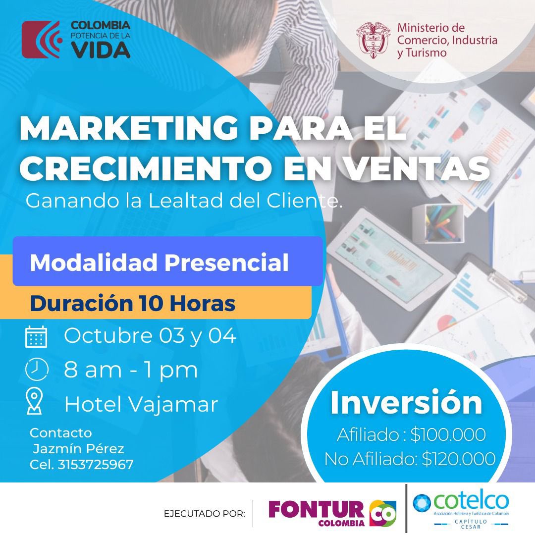 CotelcoCesar's tweet photo. CAPACITACIÓN: Marketing para el crecimiento en ventas 🧾💰

Modalidad presencial 
🗓️ 03 - 04 octubre 
🕦 8:00 am - 1:00 pm
📍Hotel Vajamar 

#cotelco #cotelcocesar #turismo #hotelesvalledupar #colombia https://t.co/X5lYH6U1tt