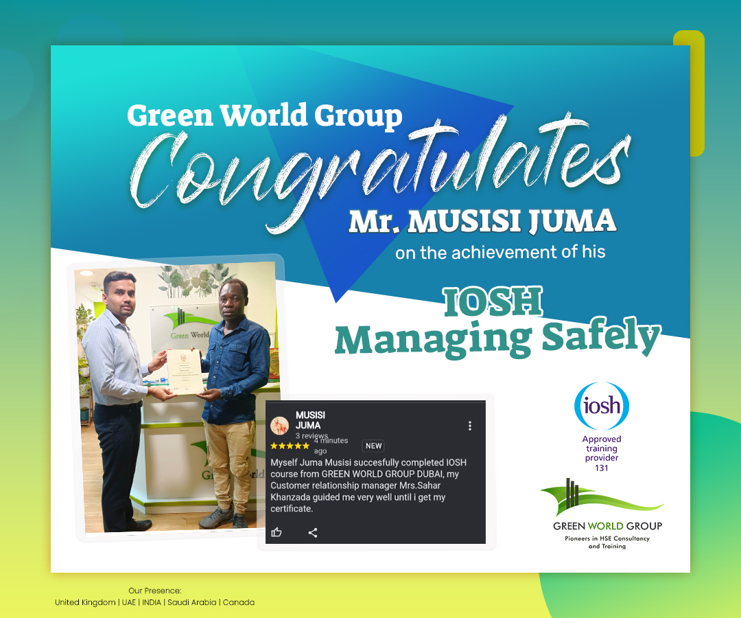 #GreenWorldGroup extends its congratulations to Mr. Mashoor Mehroof and Mr. Musisi Juma for successfully obtaining their #IOSHMS Qualification and extends best wishes for their future endeavors!
Visit us:
greenwgroup.ae/trainin.../ios…
#learnersfeedback #learnersreview #feedback