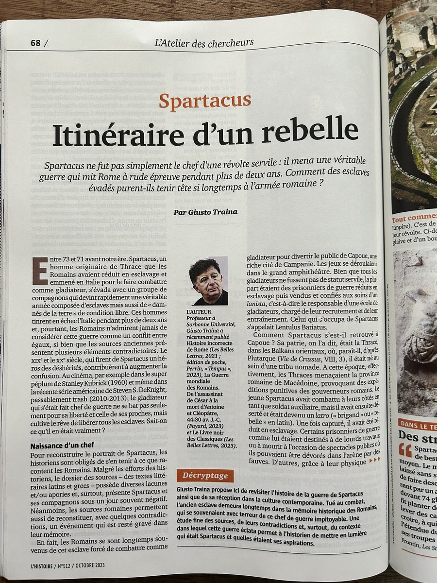 Au programme de la revue <a href="/maglhistoire/">L'Histoire</a> de ce mois d’octobre, vous pourrez lire un article de <a href="/Giustotraina/">Giusto Traina</a> sur la figure de Spartacus ! 👍👍👍