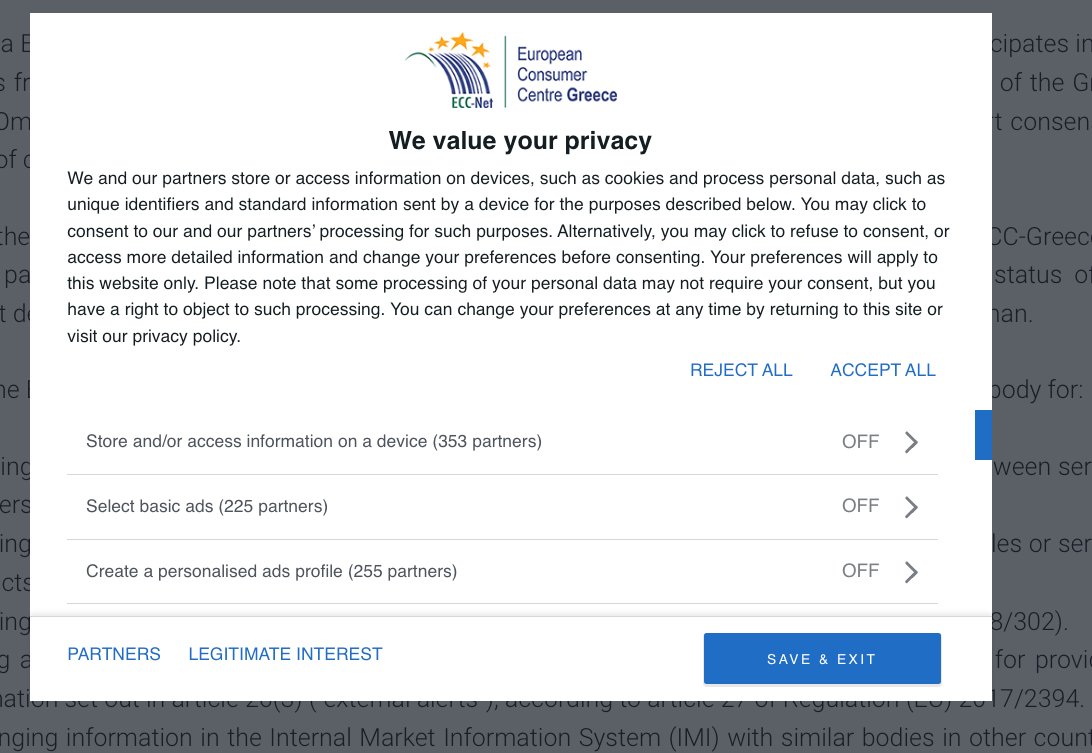 PrivacyMatters's tweet image. so sick and tired of these dark patterns in consent management platform tools. 
&apos;Reject All&apos; does not reject all. You have to click on legitimate interests and &apos;object all&apos;.

That this is on the website of a consumer advice centre is just 🙇‍♀️🙇‍♀️🙇‍♀️🙇‍♀️