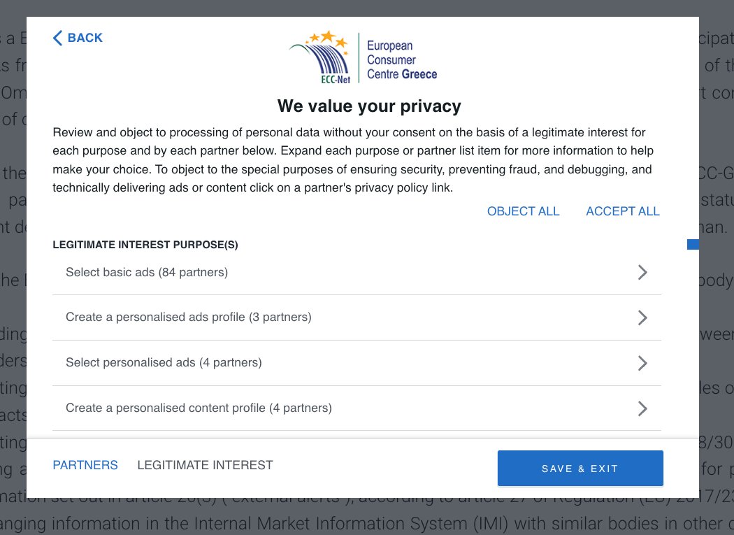 PrivacyMatters's tweet image. so sick and tired of these dark patterns in consent management platform tools. 
&apos;Reject All&apos; does not reject all. You have to click on legitimate interests and &apos;object all&apos;.

That this is on the website of a consumer advice centre is just 🙇‍♀️🙇‍♀️🙇‍♀️🙇‍♀️