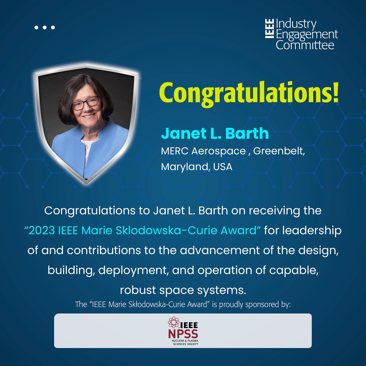 ieee_industry's tweet photo. Congratulations to Janet L. Barth, Member – Board of Advisors, MERC Aerospace, Greenbelt, Maryland, USA on receiving the 2023 IEEE Marie Sklodowska-Curie Award! #IEEE #IEEEIndustry #IEC #IEEELeaders #IEEEAwards #IEEEMedals #IEEERecognitions #Industry #TechnicalFieldAwards https://t.co/Uhmx7X4ifT