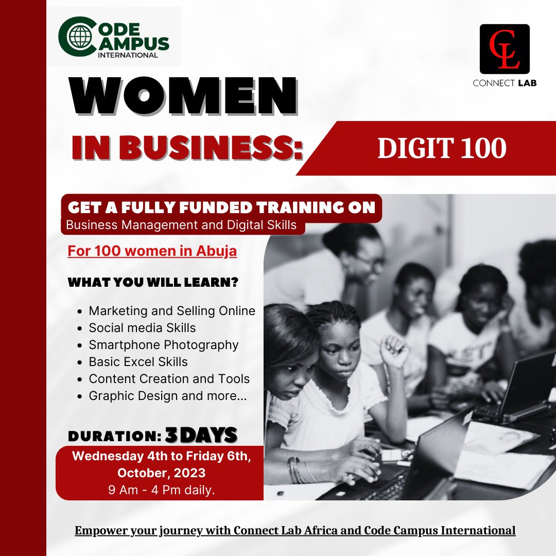 Connectlab_Afr's tweet image. 🗓️ Save the Dates: October 4th to 6th, 2023
🕰 Time: Wednesday to Friday, 9 Am to 4 Pm Daily.
📍 Location: Work and Connect, 50 Ebitu Ukiwe Street, Jabi, Abuja.
#connectlabafrica #codecampus #Abuja #skillbuilding #foryou #empowermentjourney #upskillingopportunities #Digit100