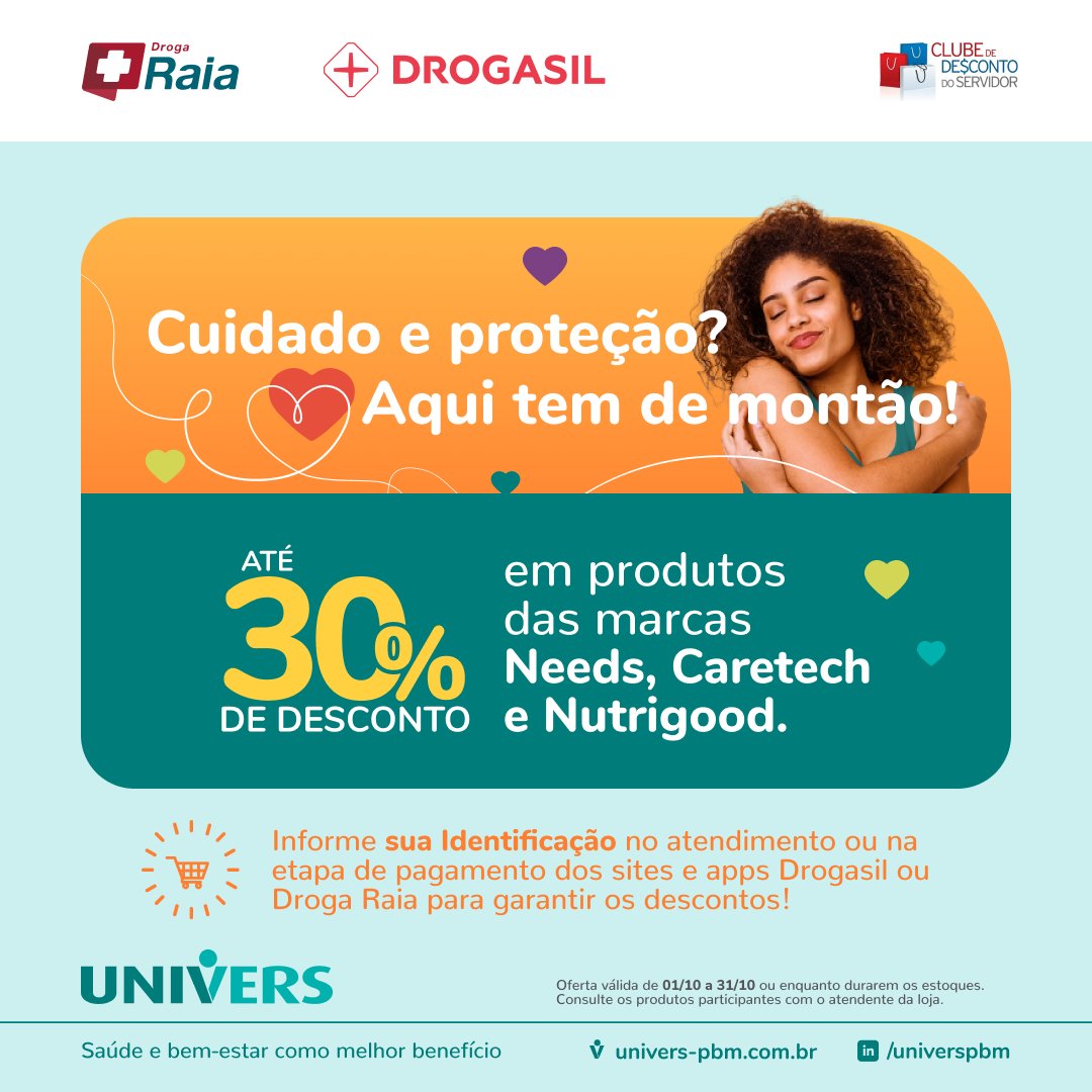 Outubro já começou com oferta do #ClubedeDesconto! 🛍️

A Drogasil, parceria do programa, está com abatimentos de até 30% em produtos selecionados das marcas Needs, Caretech e Nutrigood nas lojas da rede. Apresente crachá funcional ou RG + contracheque até 31/10. 😉