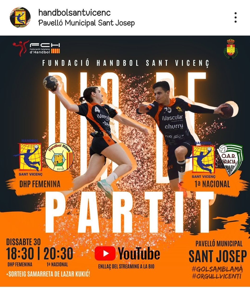 Maikel_Nunyez's tweet photo. #GameDay
🏆 División de Honor Plata - J. 3
🏆 1a Nacional - J. 3
📍 Pavelló Sant Josep. (Sant Vicenç dels Horts)
📅 16/09/23
🆚 @HandbolR
🆚 @oargracia
🕒 18:30 h
🕕 20:30 h
📺 YouTube club
Volvemos a casa con ganas de sumar.
#handbol #balonmano #golsamblama #CrearYConstruir https://t.co/LCYHlaku8w