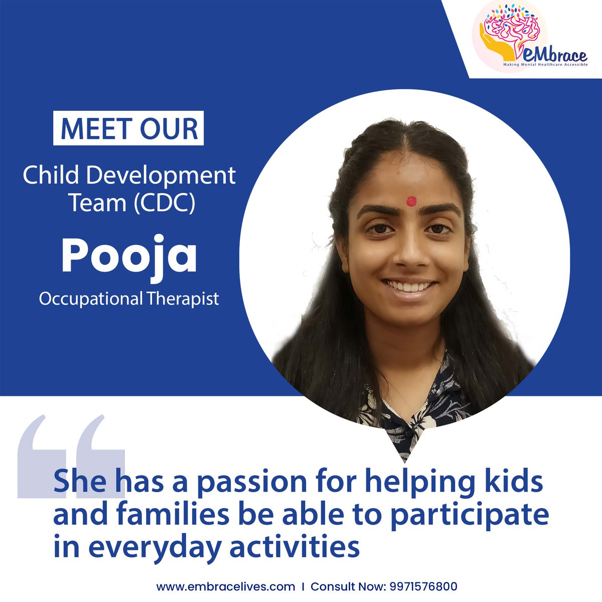 Say hello to Pooja, our  occupational therapist! 🎨🧒 Her creativity and dedication are helping children reach new heights of potential. 🌈

Visit us : embracelives.com

 #ChildDevelopment #eMbraceLives #childrensmentalhealth #childdevelopmentspecialist #ChildTherapist