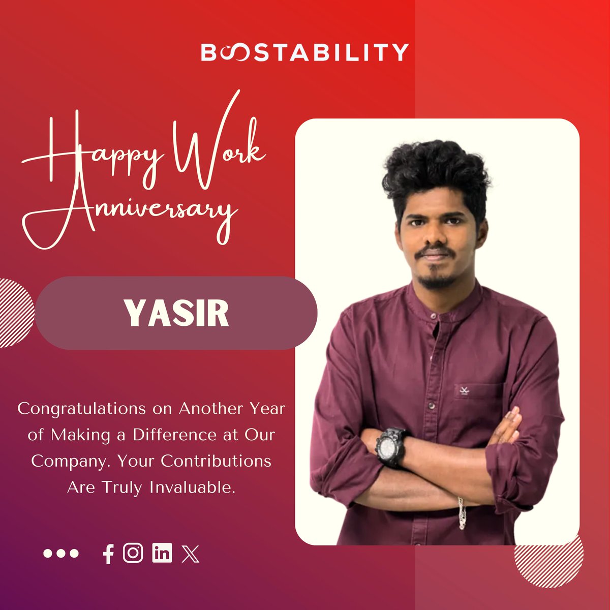Boostabilitycbe's tweet image. You and your work totally deserve to be celebrated every day! You made our workplace filled with positive vibes. We will continue to count on you for your can-do attitude. Keep rocking, Yasir!

#Boostability #WorkAnniversary #TeamBoostability #GreatEmployee #CompanyMileStone