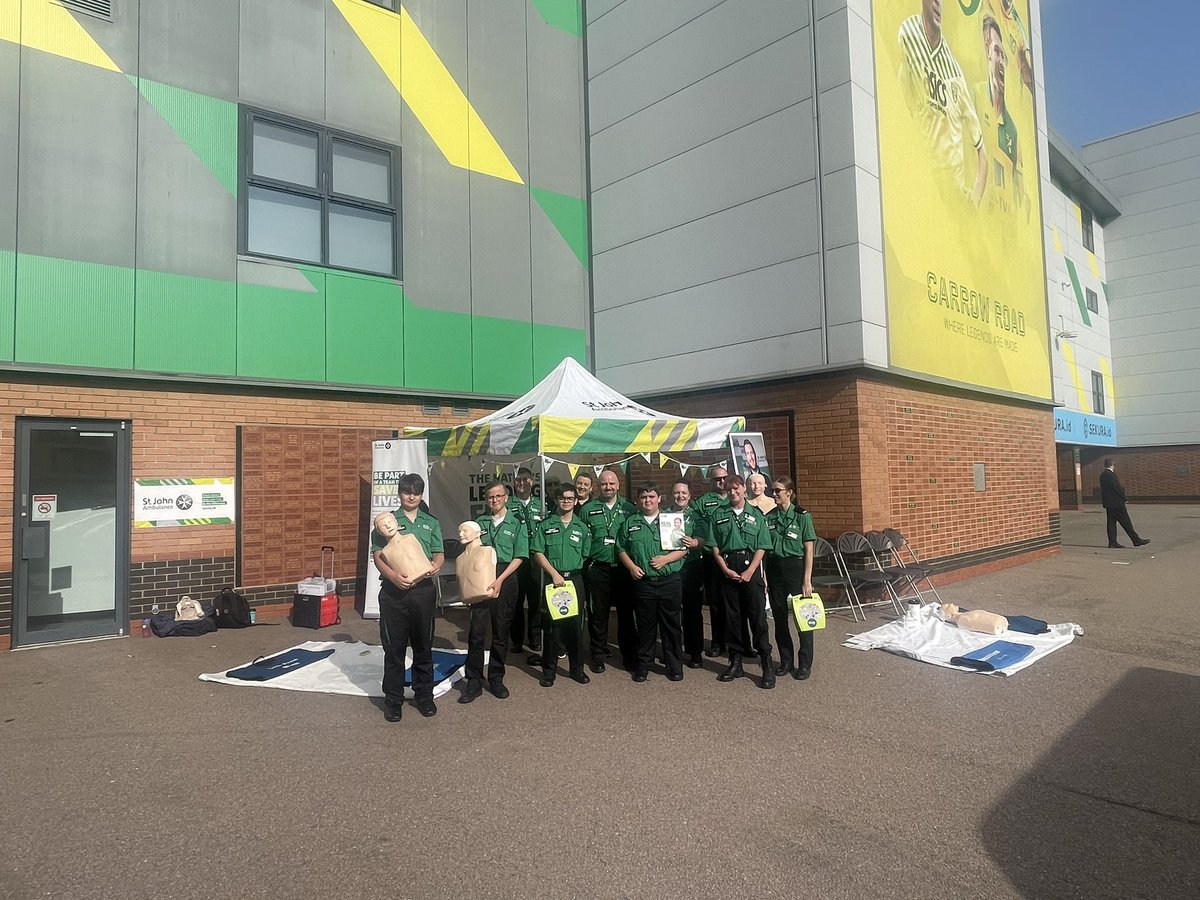 SJANorfolk's tweet photo. Today our team are @NorwichCityFC at Carrow Road where we will be doing our #RestartAHeart campaign. Come across and say hello! #volunteering #OurSJADay #AskUs #NORBIR #football https://t.co/NE7cY1JrK2