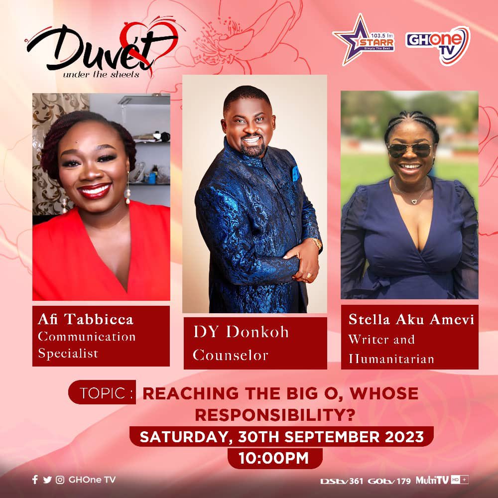 ghonetv's tweet photo. Tonight on #Duvet with @yesiamnatalia we bring you a crucial topic in relationships and marriages with our hosts and guests. 

Topic: Reaching the Big O, whose responsibility?
Time: 10pm on #GHOneTV https://t.co/b7AmLR34Nv