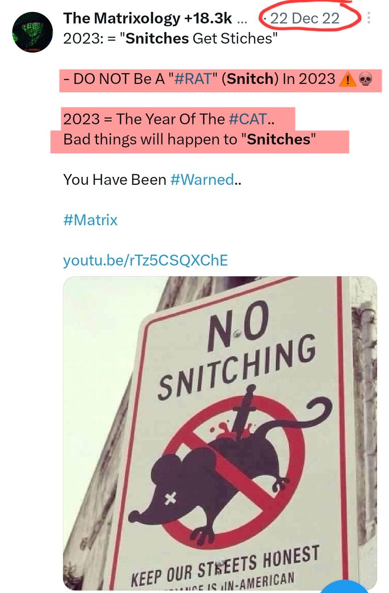 TheMatrixology's tweet photo. Last Year I #Warned You Not To Be A #Snitch In 2023..
And That Bad Things Would Happen To #Snitches.
#Tupac's Killer "#Snitched" On Himself So Many Times.
And Now The #CAT (2023) Caught The #RAT (Snitch)..
#TheMatrixology
https://t.co/SIUZwkkbwV https://t.co/YXcL7pdY1c