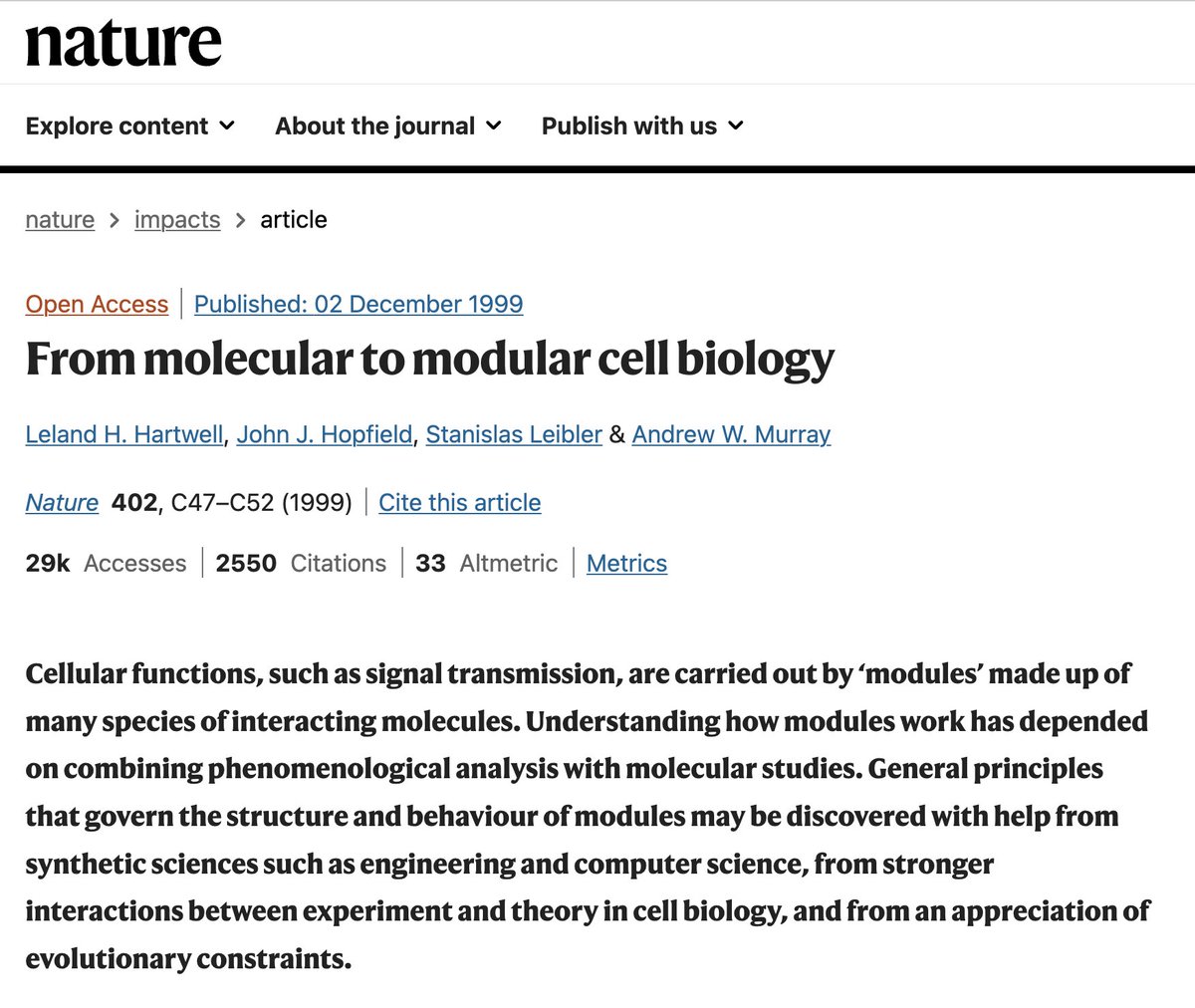 ~ 20 years ago, many colleagues felt at the precipice of understanding general principles based on quantitative biological models.

This expectation is reflected in many influential articles, including this @nature review by Hartwell et al.

Where is this expectation now?

.