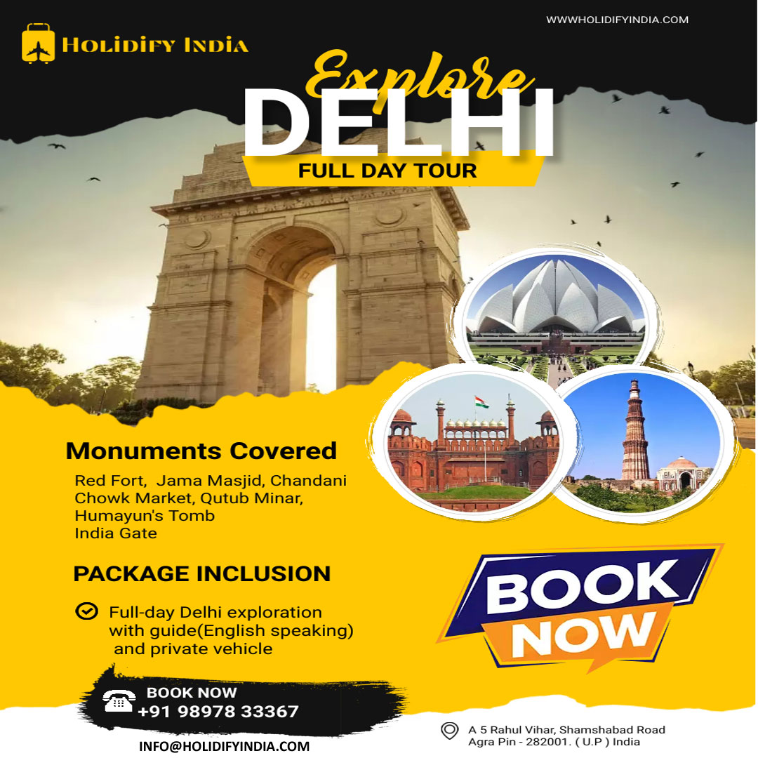 HolidifyIndia's tweet photo. Experience the magic of Delhi in a day! 🌟 Dive into rich history, vibrant culture, and delectable cuisine on our Full Day Tour. Unforgettable memories await! 🕌✨Book Now!: +91 98978 33367 #DelhiTour #ExploreIndia #TravelMagic #CulturalHeritage #IncredibleDelhi #Wanderlust https://t.co/W1GffZBIiA