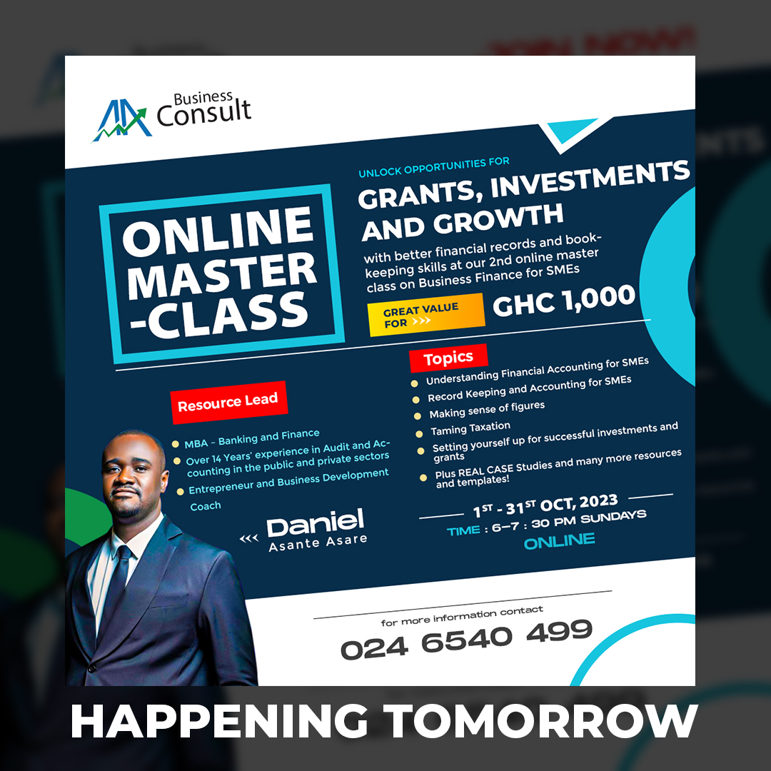 aabizconsult's tweet photo. Happening tomorrow! Elevate and transform your business. Register: https://t.co/zMfOeAzs0P 
 🚀 #FinancialHealth #BusinessGrowth #OnlineMasterclass #businessgrowth #smallbusiness #getgrants #accessgrants #ghanabusiness #africanbusiness #blackowned #africanowned https://t.co/42hkxupYTF