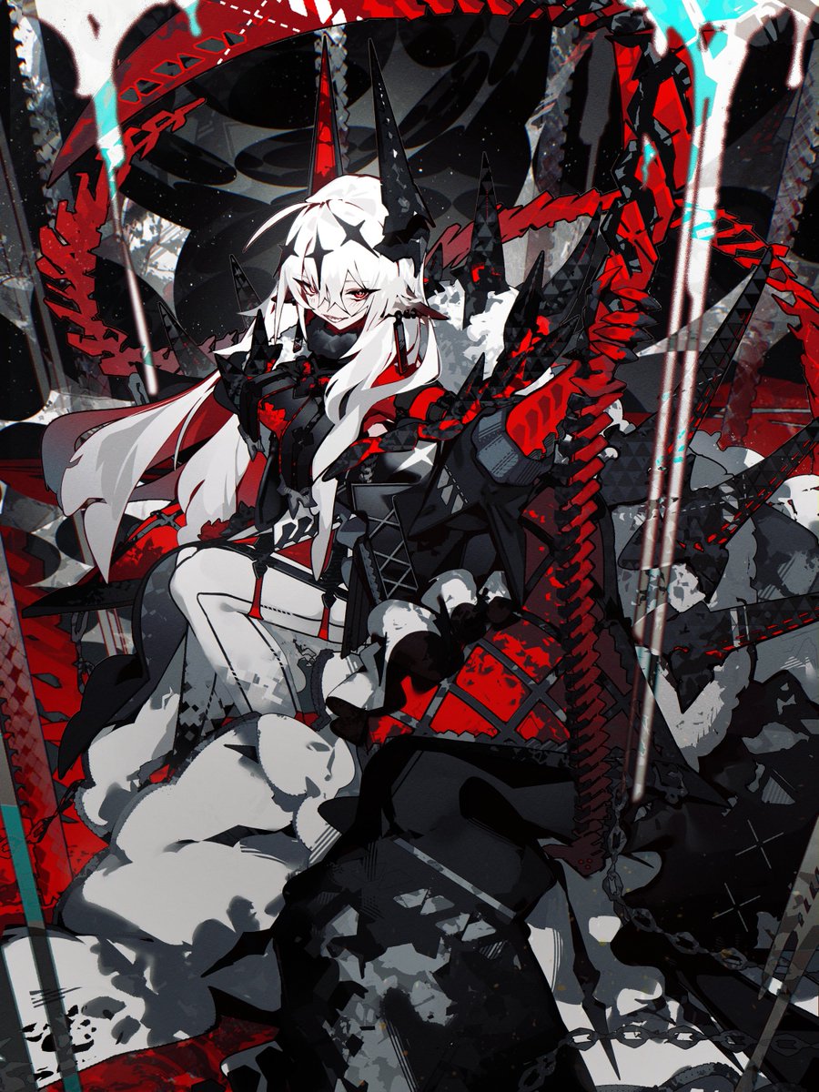 1girl white hair solo long hair red eyes chain pointy ears  illustration images