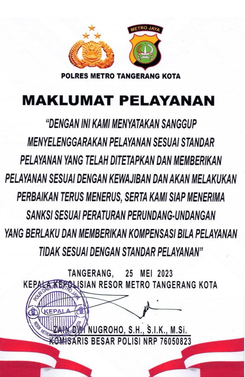 Maklumat Pelayanan Polres Metro Tangerang Kota