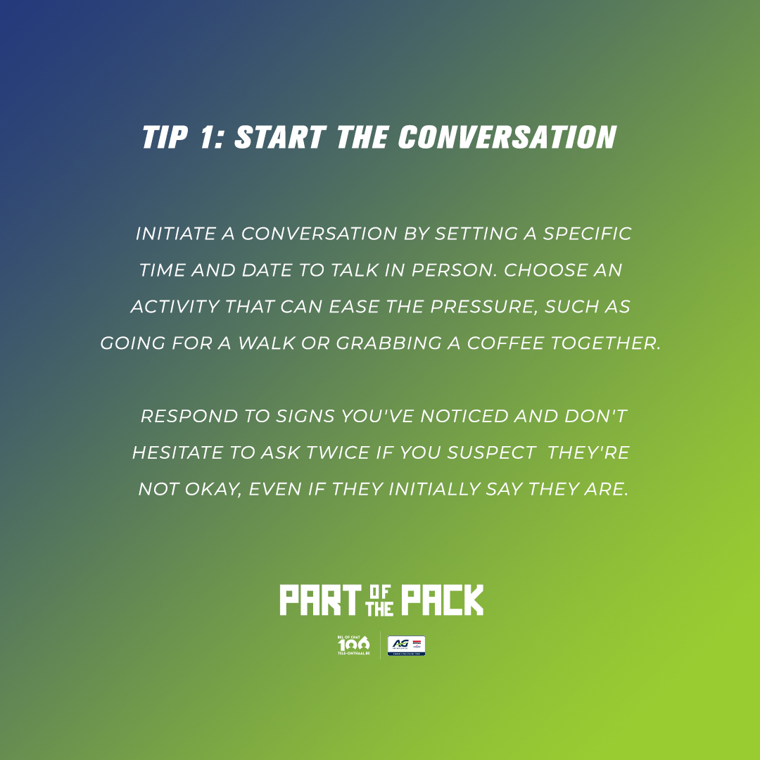 agsoudal's tweet image. #PartOfThePack

𝐓𝐢𝐩 𝟏: 𝐒𝐭𝐚𝐫𝐭 𝐭𝐡𝐞 𝐜𝐨𝐧𝐯𝐞𝐫𝐬𝐚𝐭𝐢𝐨𝐧

For more tips and information on the #PartOfThePack mental health awareness campaign, go to: …startswithus.soudal-quickstepteam.com/en/about/parto…