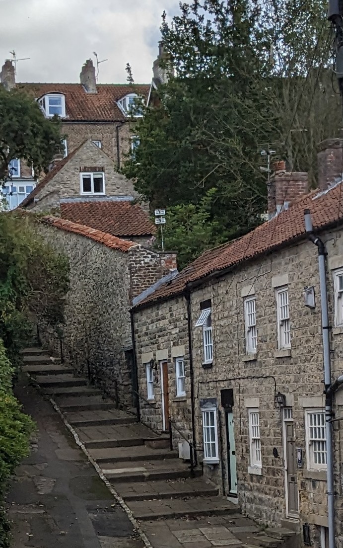 Undercliffe Pickering:  Steps leading past old Yorkshire stone cottages, towards Pickering Castle.