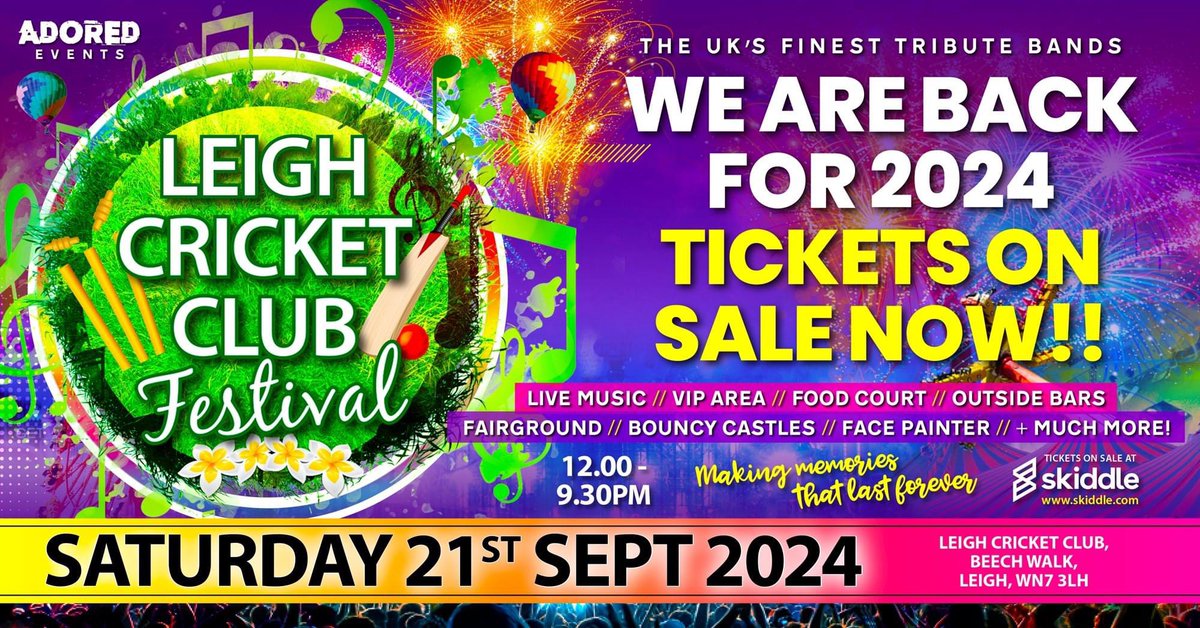 Tickets ON SALE NOW for Leigh Cricket Club Festival 2024. Click the Link for tickets:- skiddle.com/e/36697415 Be quick the last 2 years sold out !!!!