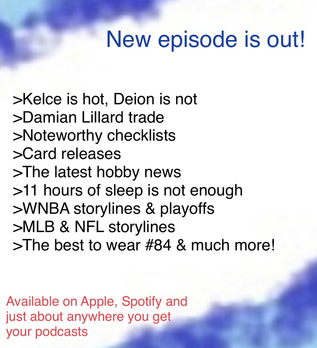 615Collector's tweet photo. Episode #84 is out - give it a listen &amp; thank you for spending some of your time with us…
#thehobby #sportscards #whodoyoucollect #podcast #aliyahboston #TravisKelce #deionsanders #cardreleases #hobbynews @CardPurchaser #DamianLillard #WNBA #NFL #MLB #Topps https://t.co/cGzbDqghY9