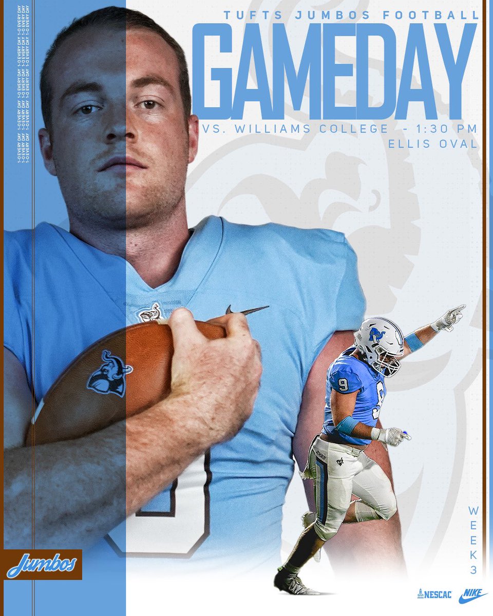 FB | GAME 3! The @FootballTufts squad is back at home for the second straight week, taking on Williams today at 1:30 pm in the Oval! Live coverage by @TuftsJumboCast, live stats at gotuftsjumbos.com! #JumboPride // #GoJumbos // ##d3fb