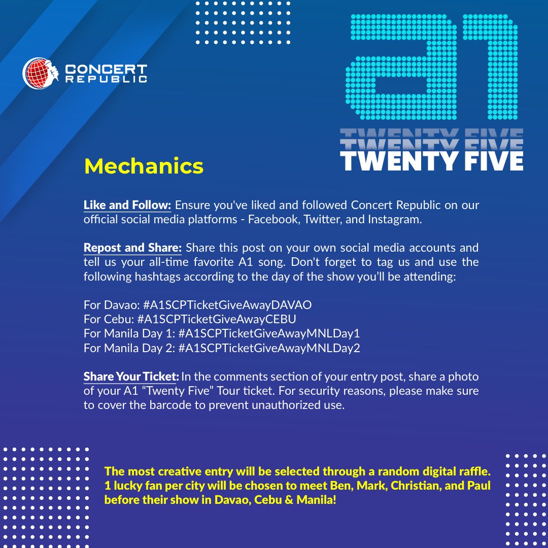 🎉 Join Us for the Ultimate a1 Sound Check Party! 🌟

Elevate your <a href="/A1Official/">a1</a>  experience to a whole new level! Here's your chance to meet Ben, Mark, Christian, and Paul before their electrifying shows in the Philippines!