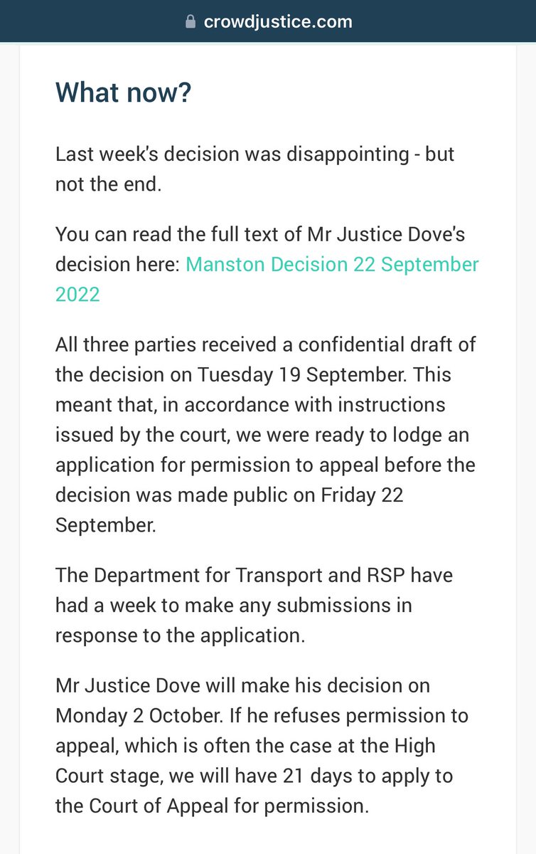eastkentcarma's tweet photo. @transportgovuk &amp; @RSPManston have had a week to make any submissions in response to the application (for permission to appeal)

Mr Justice Dove will make his decision on 2/10. If he refuses permission to appeal…we will have 21 days to apply to the Court of Appeal for permission https://t.co/YSfgyKSoPy