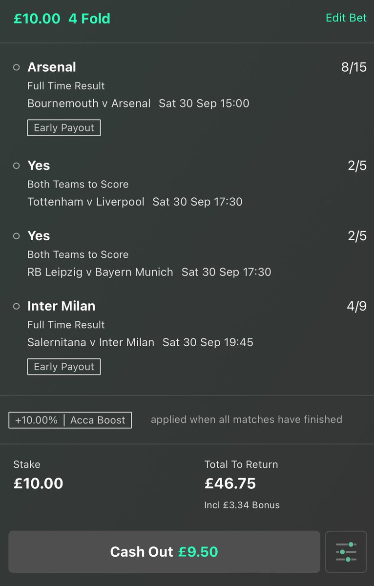 Todays mixed acca 👀 🏴󠁧󠁢󠁥󠁮󠁧󠁿 Arsenal to win 🏴󠁧󠁢󠁥󠁮󠁧󠁿Tottenham v Liverpool - both teams to score 🇩🇪 RB Leipzig v Bayern Munich - both teams to score 🇮🇹Inter to win Odds - 3.6/1 🤑🤞