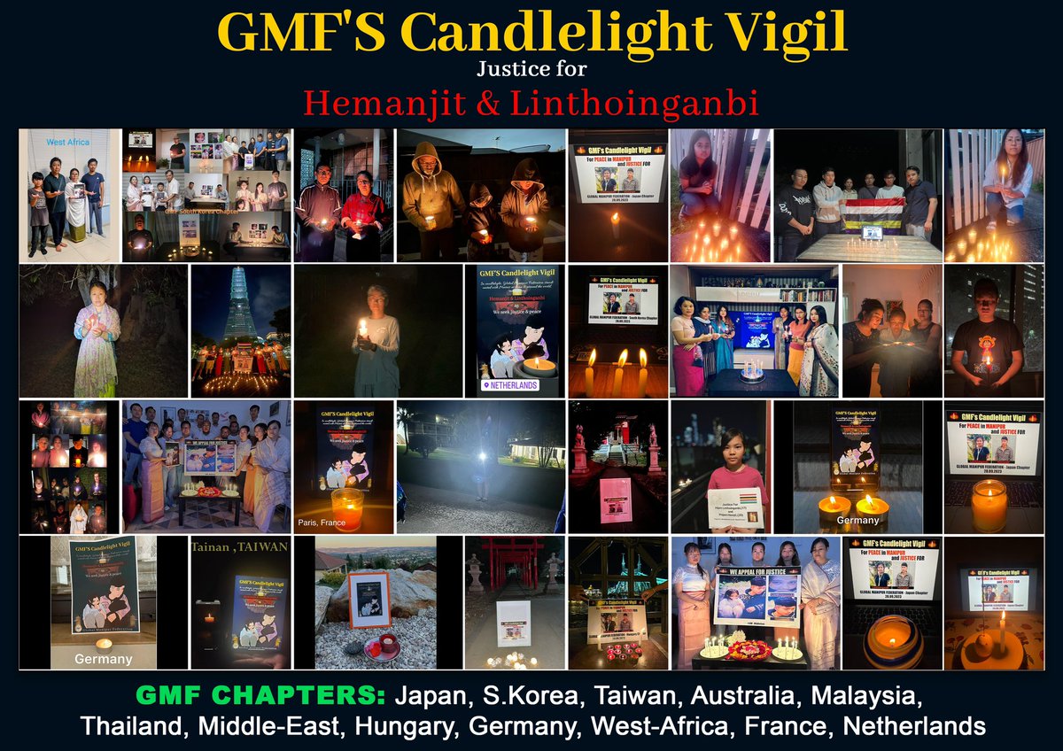 ATGCantFoolMe's tweet photo. Global Manipur Federation members, #Meiteis from all over the globe, come together in a candlelit vigil, mourning the tragic loss of two innocent souls. May peace come to Manipur once more. As we stand together, side by side, may our resolve burn as brightly as these candles, reminding us that even in the darkest of times, the light of hope and unity can prevail.
#GMF #SaveManipurSaveIndia #Justice4LinthoiNHemanjit #JusticeForManipurTeens #PeaceForManipur