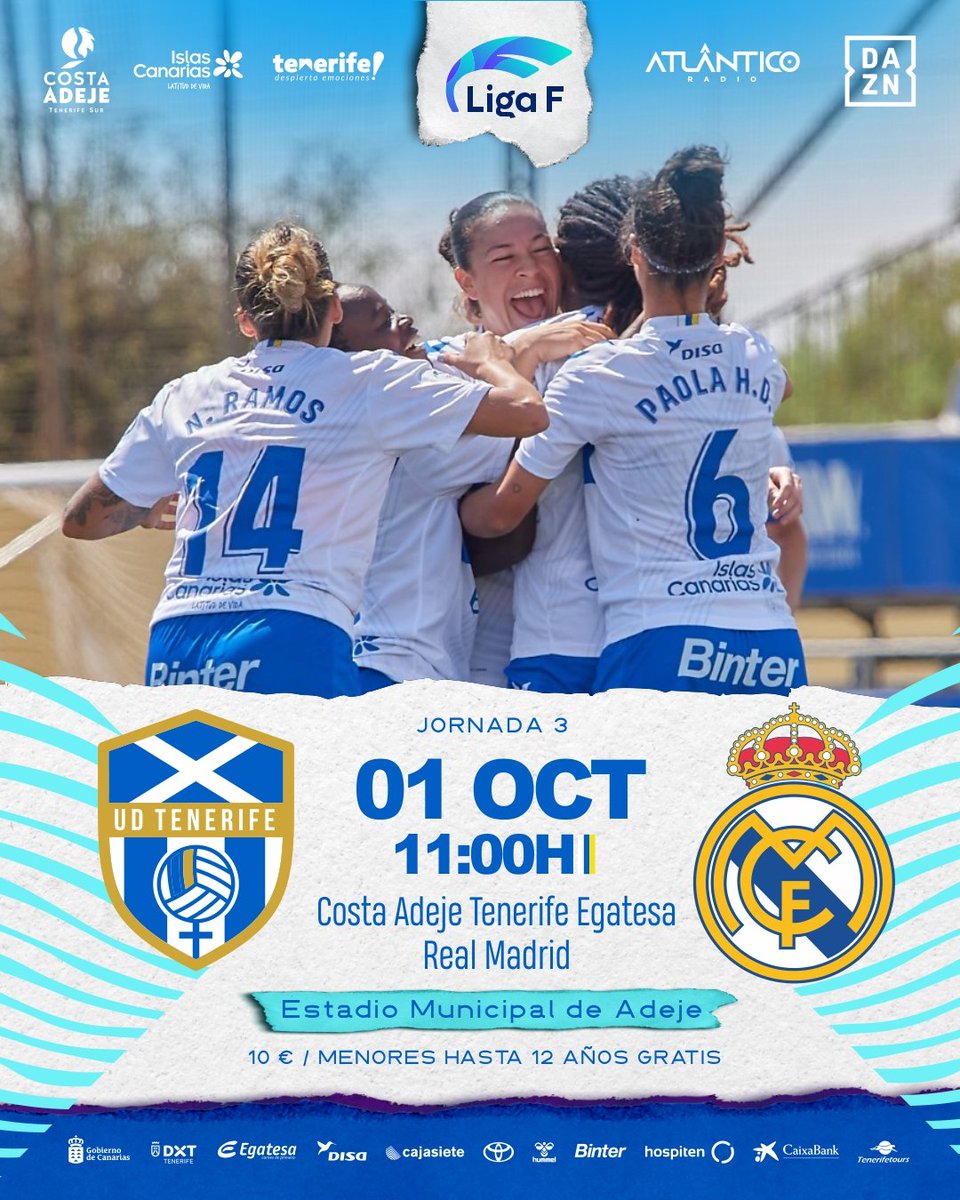 Mañana tendremos la oportunidad de disfrutar fútbol de Primera División en Adeje, el Costa Adeje Tenerife Egatesa recibe en su nueva casa, el Municipal de Adeje, a un todo Real Madrid, bienvenid@s  amig@s, mucha suerte 😘💪🤍💙⚽️