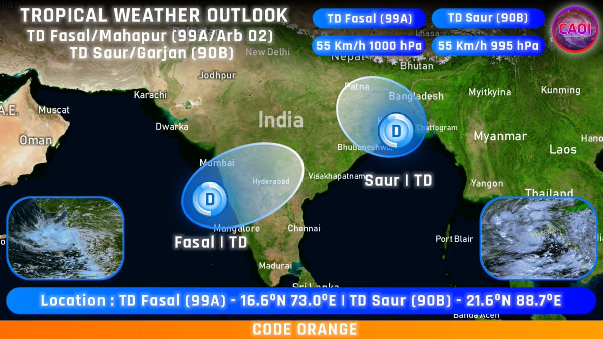 CycloneAnalyser's tweet image. #TWO
Another Surprise
Twin Cyclone over NIO,Cyclone #Fasal-#Mahapur weakened into a #Depression near Southern #Konkan coast &amp;amp; expected to cross by tonight
While Monsoonal low #Saur-#Garjan made landfall in Chotahardi, the Western most point of #Sundarban as a #Depression &amp;amp; 👇👇👇