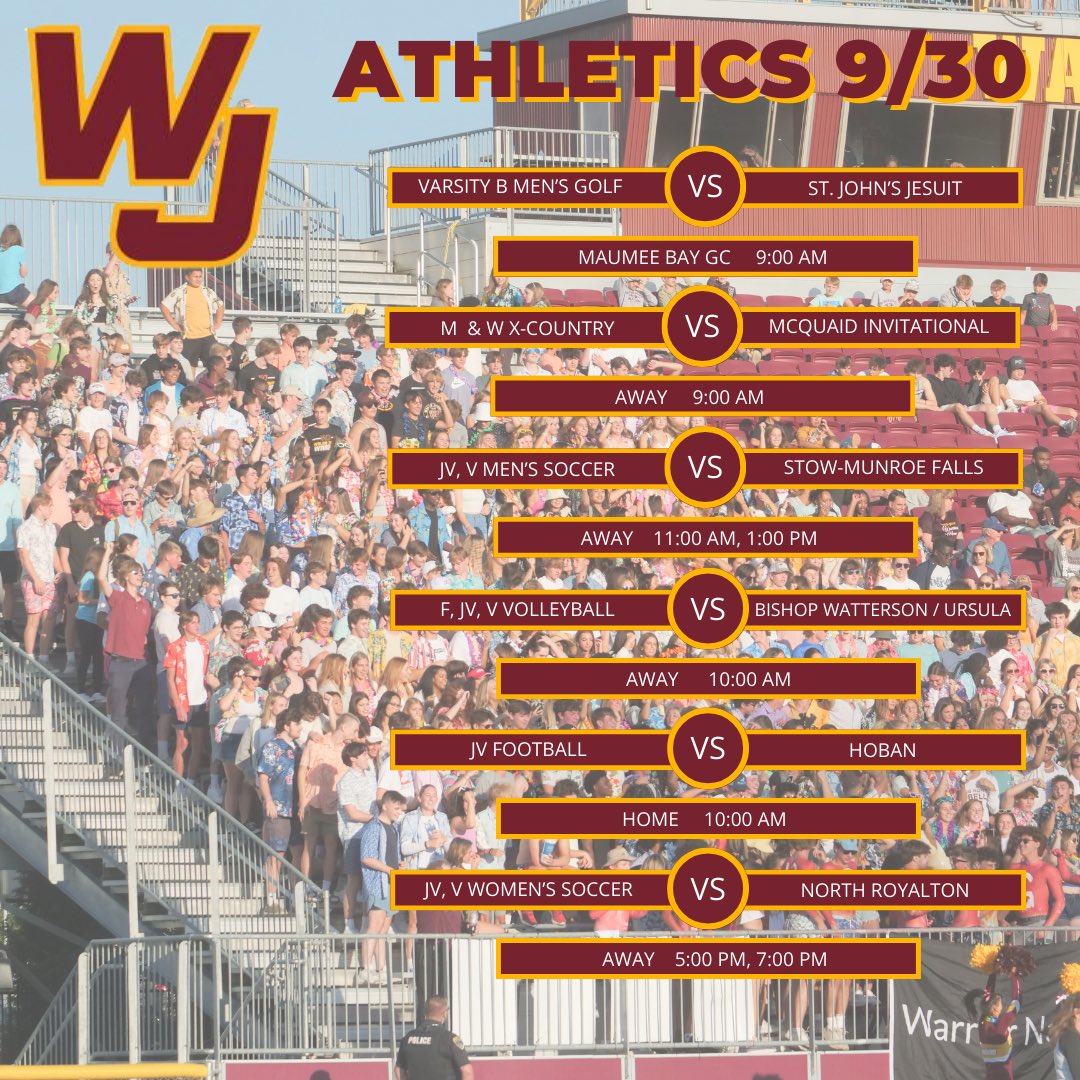 Good luck today Warriors! <a href="/WJHS_Golf/">Walsh Jesuit HS Golf</a> <a href="/WJsoccer/">Walsh Jesuit Mens Soccer</a> <a href="/WJWomensVB/">WJ Womens Volleyball</a> @WalshJWSoccer <a href="/WalshJesuitFB/">Walsh Jesuit Football</a> <a href="/WalshJesuit/">Walsh Jesuit</a>