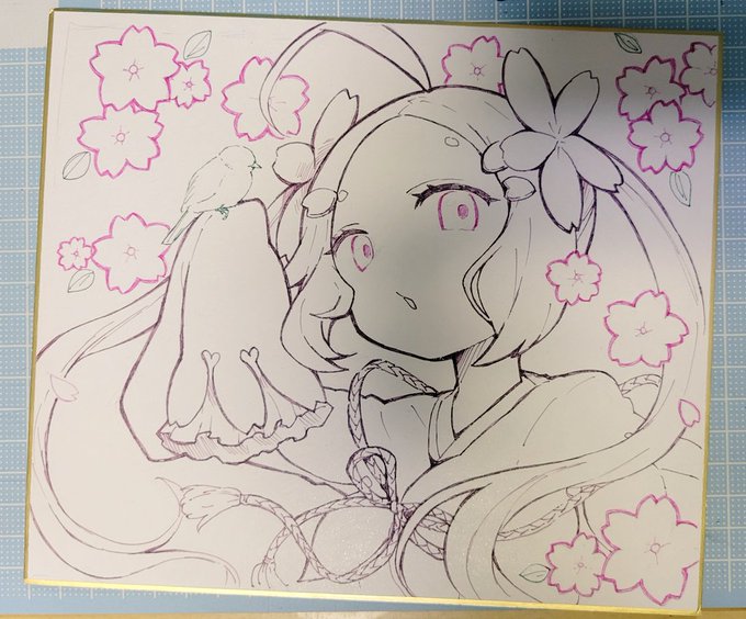 春🌸🌸🐦線画 #四季色紙展