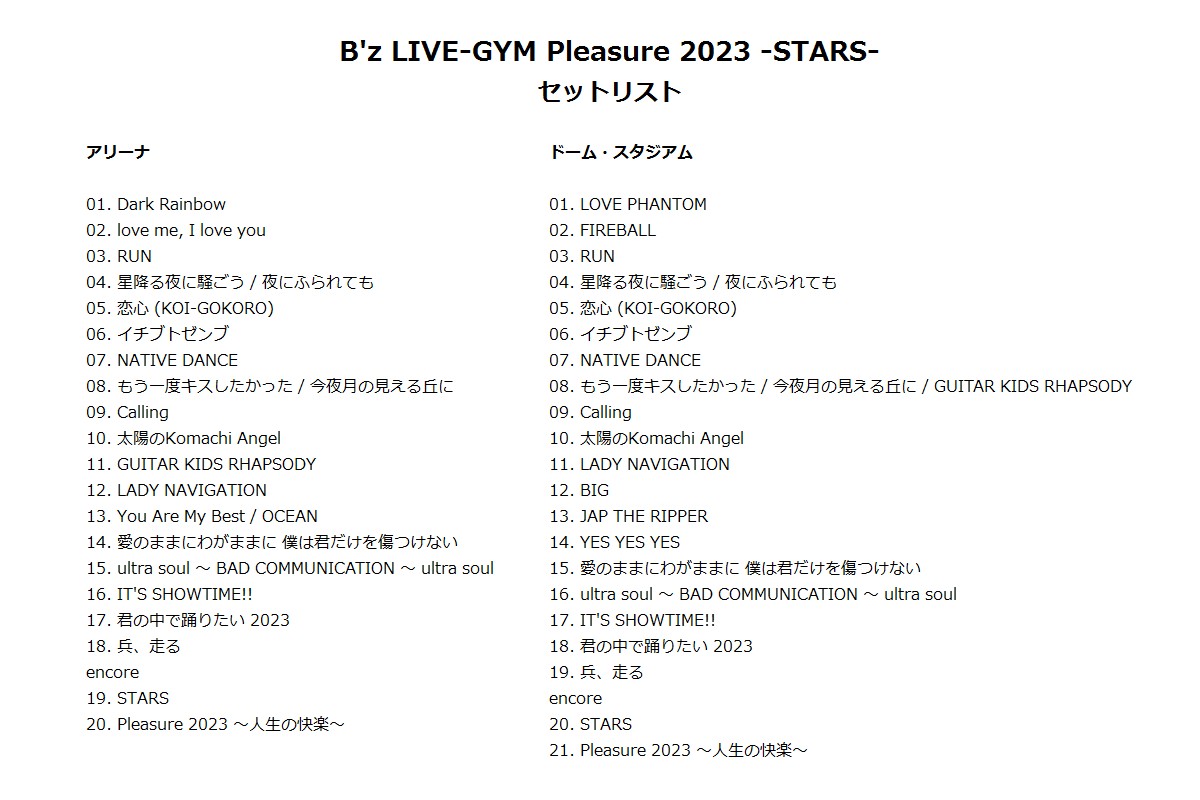 B'z LIVE-GYM Pleasure 2023 -STARS- セットリスト #Bz #Bz35th