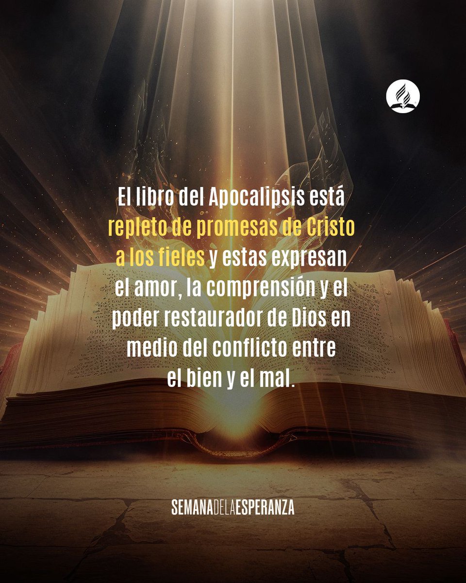 🔖 Semana de la Esperanza - Tema 8
El libro de Apocalipsis es un libro que habla sobre esperanza. Dios nos revela un futuro en el cual el mundo volverá a ser perfecto. Y lo que él promete hacer, lo hace.El libro de Apoc. está repleto de promesas de Cristo para fortalecernos.