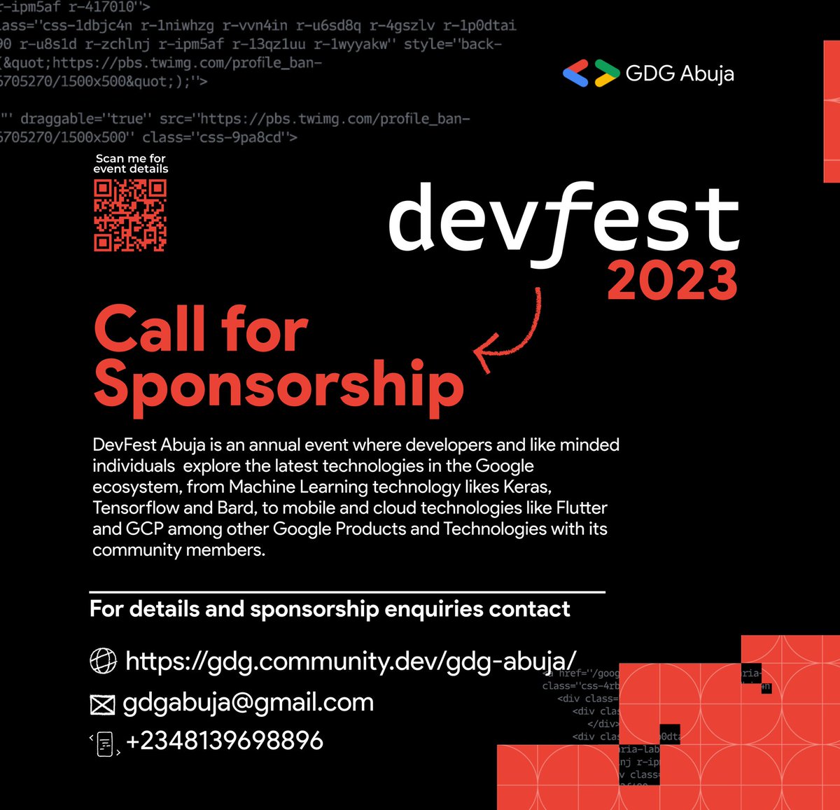gdgabuja's tweet photo. We are super excited to announce that #DevFestAbuja is back and our window for sponsorship/partnerships is open! 

By sponsoring you can reach a dynamic audience as well as shaping the future of tech in Abuja and beyond. 

Be a vital part of a cutting-edge event!!🚀 https://t.co/OLE8BeXCC9