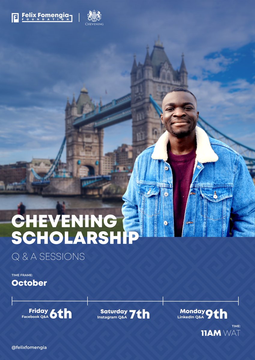 FelixFomengia's tweet photo. One year ago, I was awarded one of the most prestigious scholarships in the world, which totally turned my life and career around, putting me on a world stage and enabling me to gain a world-class education, studying for an MSc in Cybersecurity and forensics on a fully funded scholarship. 

In the past weeks and months, I received so many messages from many aspirants and people who have been inspired watching my journey and needing support for applications.

I’m dedicating next weekend to answering all questions on applying to this prestigious scholarship and application guidance. For all questions and inquiries, I will be happy to answer 🙏🏾. Save the date for the Questions and Answers session. 

With #Chevening, Study at a top UK university, Living expenses covered, monthly stipends, exclusive access to over 60+ events, and join a global alumni leadership network for life. Applications are now open. 🔴  Apply until 7 November: https://t.co/fYjVzeDBDW

Friday 6th October - Facebook Q & A | 11 AM
Saturday 7th October - Instagram Q & A | 11 AM
Monday 9th October - LinkedIn. Q & A | 11 AM 

Please follow my pages and see you there. 

🔗: https://t.co/li1BYO2Qp8

PLEASE SHARE.

#IamChevening #ChooseChevening
 | @FFOFoundation @UKinCameroon @Camchev237