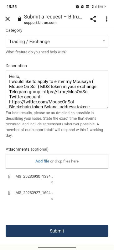 MouseOnSol's tweet photo. SENDING REQUEST FOR ENTRY IN LISTING TO BITRUE EXCHANGE @BitrueOfficial https://t.co/yrlMe48UXM