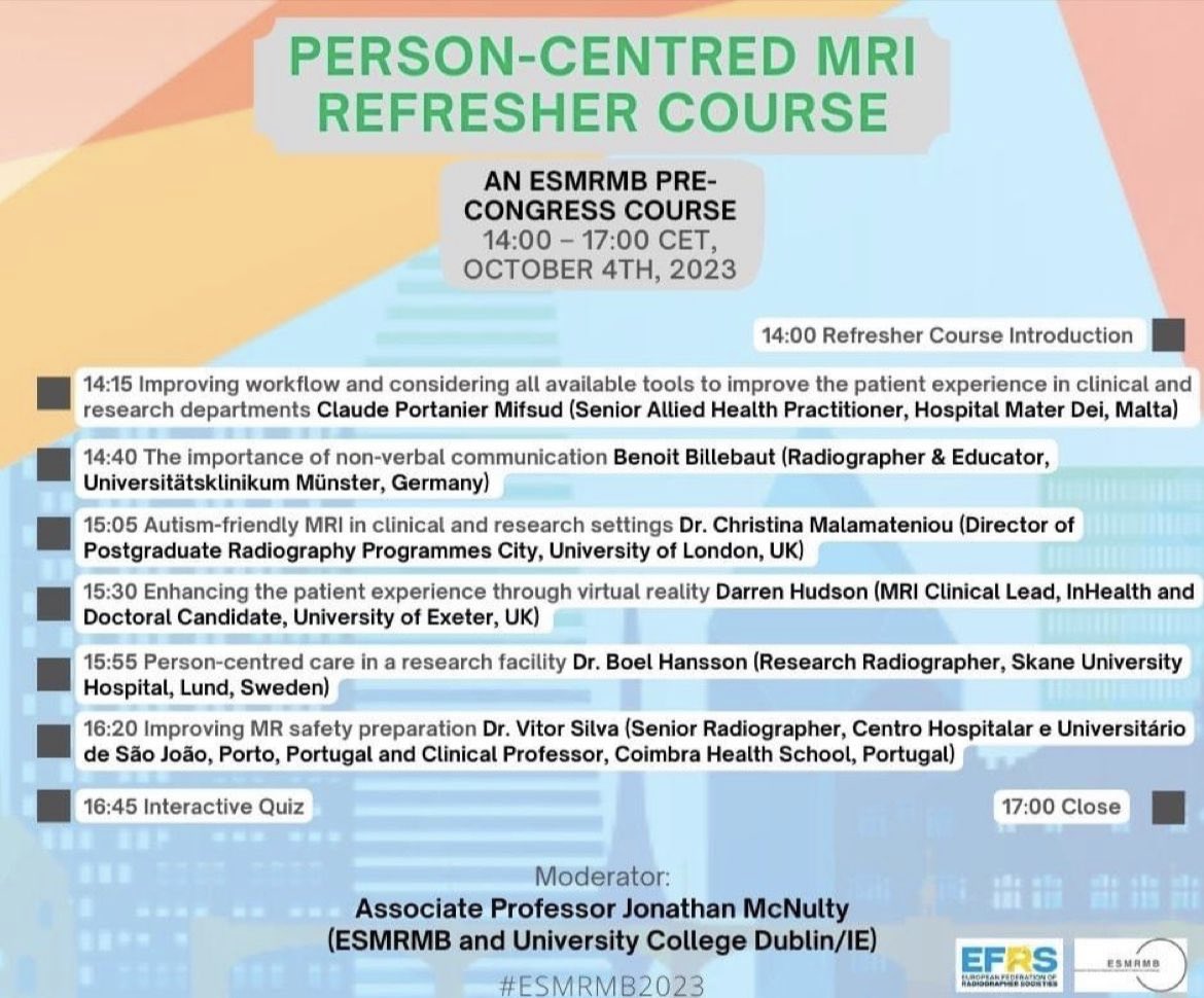 Excited to be speaking on this refresher course at #esmrmb2023 next week 👨🏼‍🏫 

‘Enhancing the patient experience through virtual reality’ 

#ptexp #vr #mri #pcc