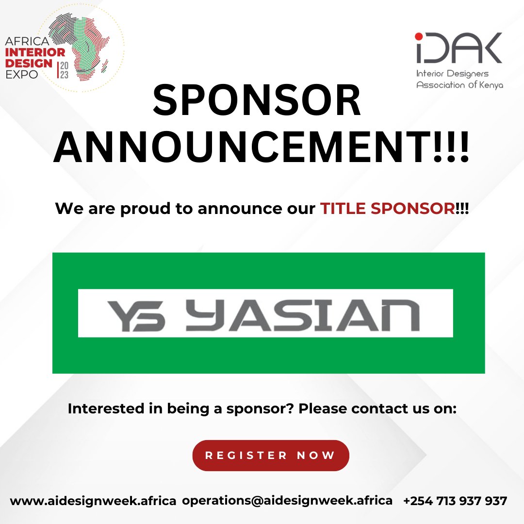 aidesignweek's tweet photo. Exciting News! Meet our title sponsor for the Africa Interior Design Expo: Yasian, the leading interior and finishes company in Nairobi, Kenya! Interested sponsors, contact us at  0713 937937 or register at https://t.co/hde5WopHXj
#africainteriordesignexpo2023
#AIDW2023 https://t.co/Uf3Kt9CanR