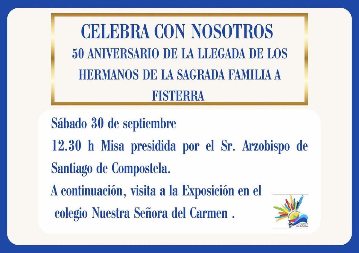 50 años de presencia de <a href="/safahermanos/">HH. Sagrada Familia</a> en Finisterre. Gracias a los habitantes de  Finisterre por su acogida. Gracias a la Asociación por la confianza. Felicidades a todos los Hermanos que han construido esta historia de oro. #safafinisterre