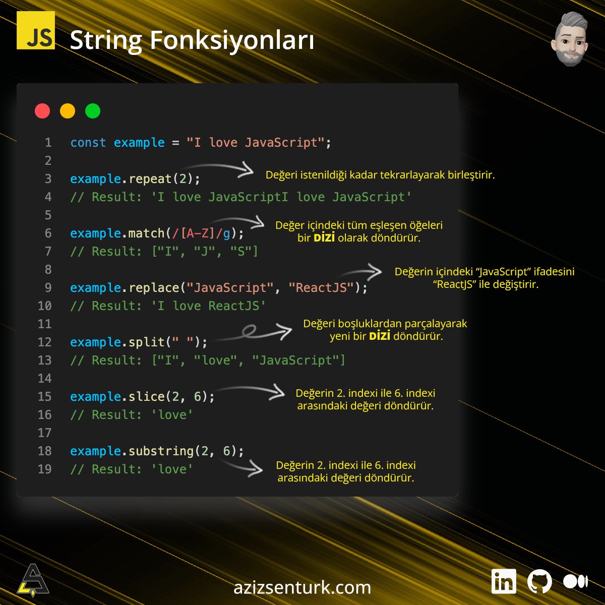 String Tips Vol 3 
#javascript #js6 #FrontEnd #FrontEndDeveloper #developer #programming #WebGeliştirme #Programlama #WebUygulamaları #WebDevelopment #SoftwareDeveloper